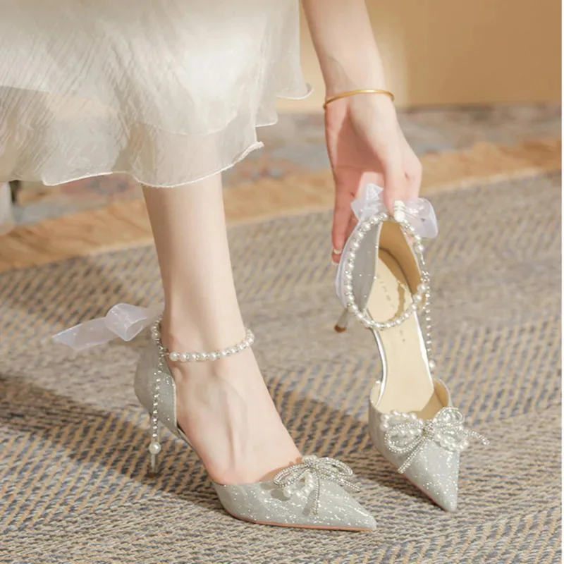 

NewElegant Retro Lolita Court Style Lolita Flower Wedding Gorgeous Satin Bow Pearl Gem Ribbon Bowknot 6-8cm High Heels Shoes2025