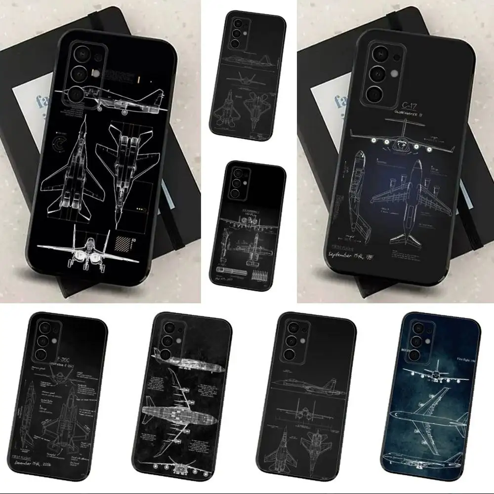 

Aircraft Blueprints Art Phone Case For Samsung Galaxy A13,A21s,A22,A31,A32,A52,A53,A71,A80,Soft Black Shell