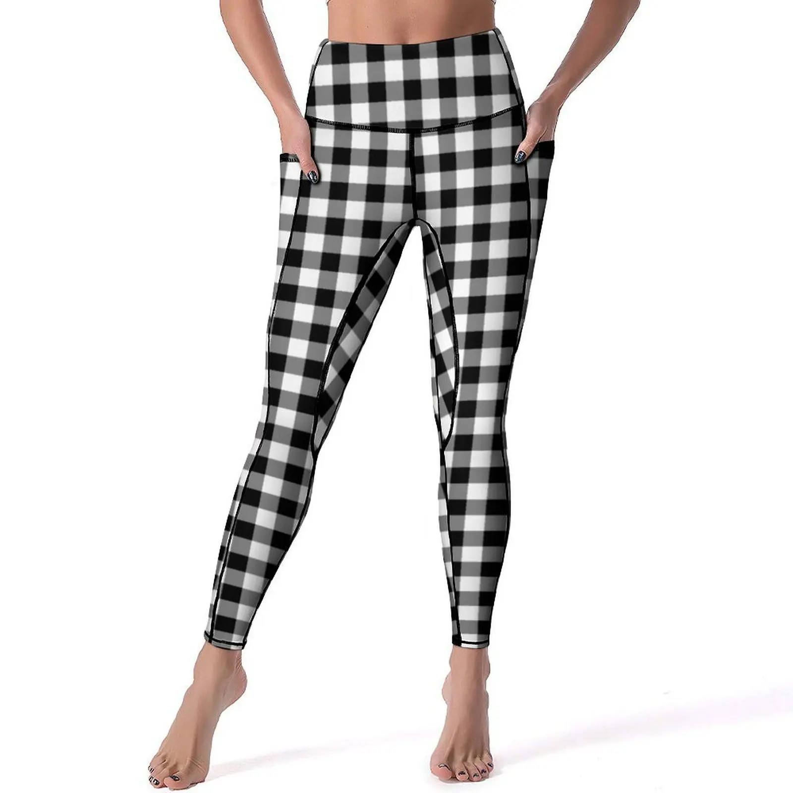 

Black And White Plaid Leggings Sexy Gingham Checks High Waist Yoga Pants Breathable Stretchy Leggins Workout Gym Sports Tights