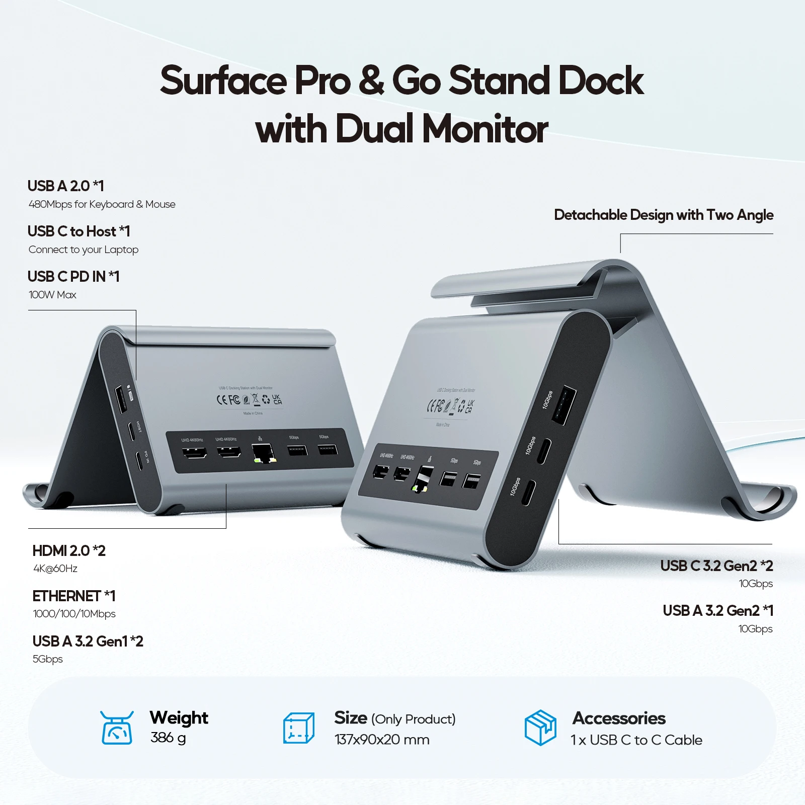 PULWTOP USB C Docking Station with 2 HDMI 4K, USB-C/A 10Gbps,  USB-A 5Gbps, RJ45, PD for Surface Pro 11/10/9/8/Dell/HP/Lenovo