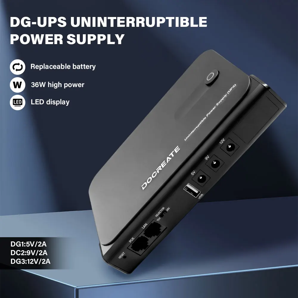 New EU Plug 36W DC1036L UPS Uninterruptible Power Supply 5V-24V Output 18650 Replaceable Battery for Router NAS Modem & Network
