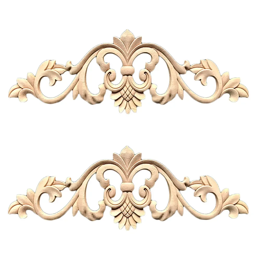 2Pcs Flower Wood Carving Decal 30/50cm Wood Carved Long Frame Applique Unpainted Wooden Carved Door Home Decor European Style