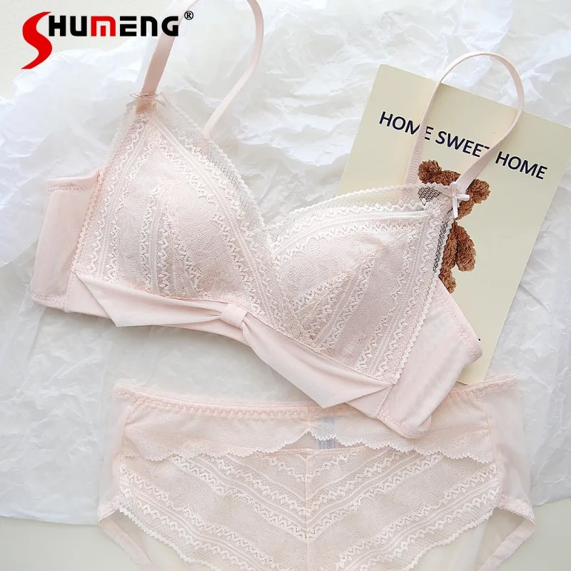 

French Style Girl Underwear Set Female Thin Cup Bow Sweet Style Small Chest Intimates Women's Push Up Sexy Lace Bra Suits