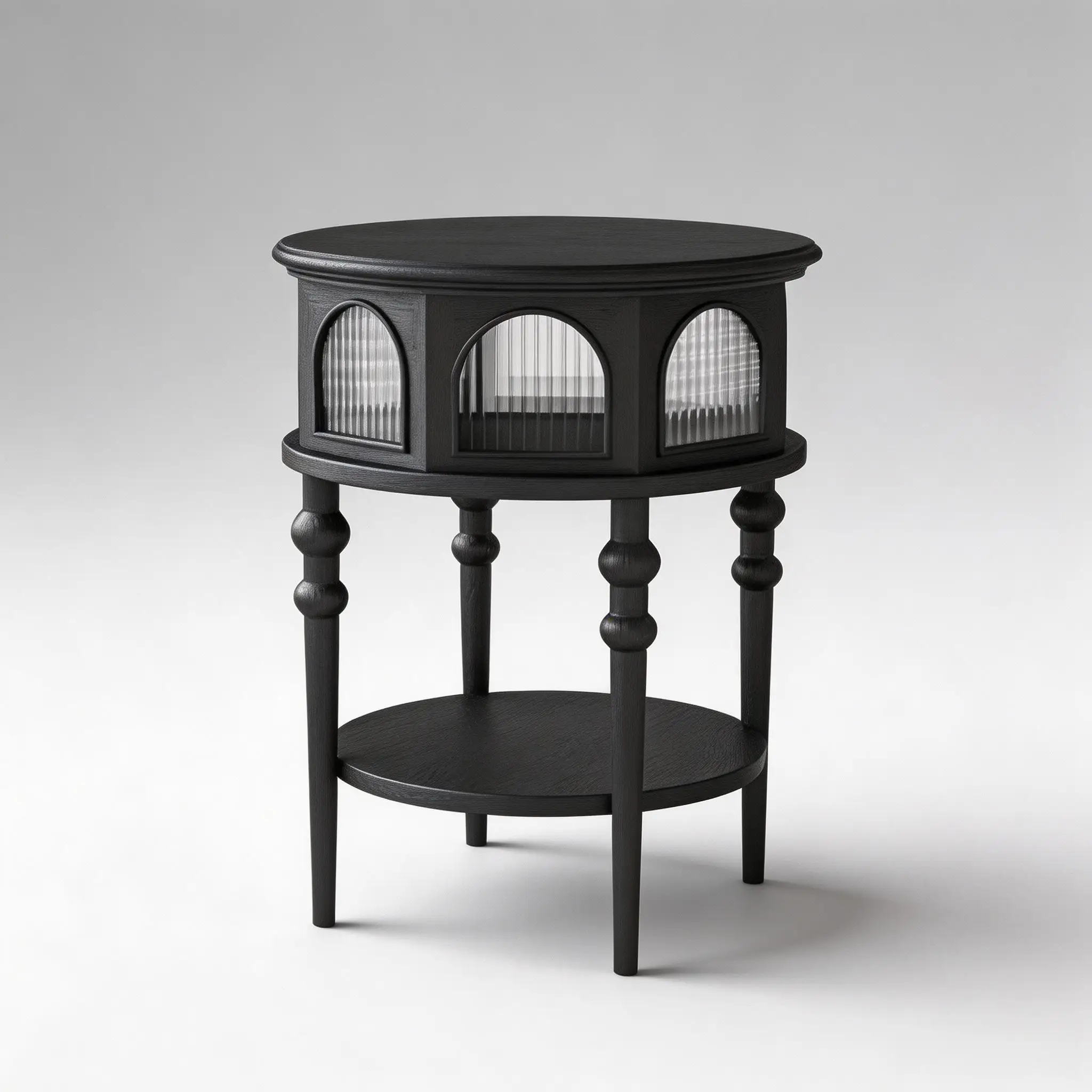 Black Round Side Table With Arched Reeded Glass Door, Vintage Wooden End Table With Storage Shelf For Living Room Bedroom