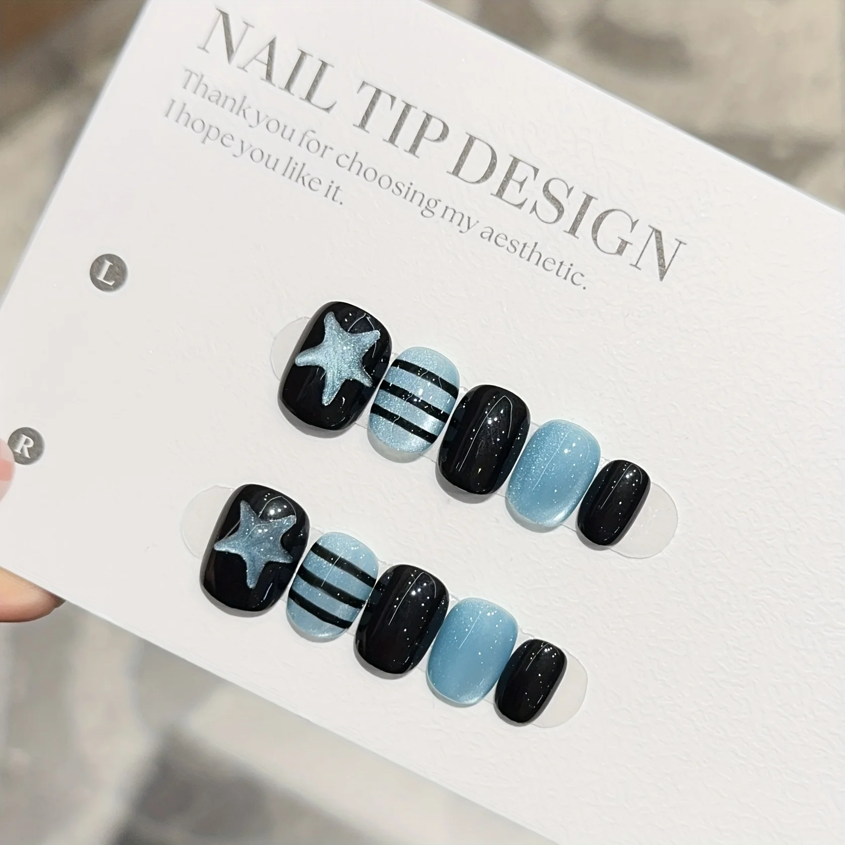 10pcs Handmade Press on Nails Star Cat Eye Star Blue Buck Full Coverage Nail Pieces for Women&Girls Detachable Wearable Nail