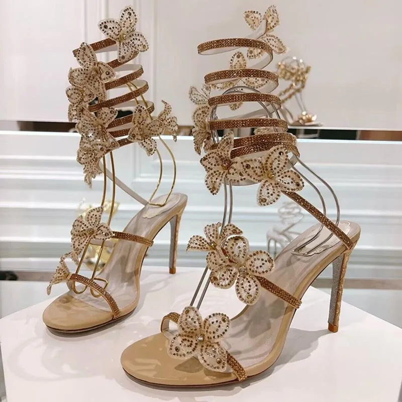 

Sandalias/женские сандалии в форме змеи с эластичным ремешком, свадебные туфли со стразами и цветочным декором на тонком каблуке, летние модельные туфли, туфли-лодочки