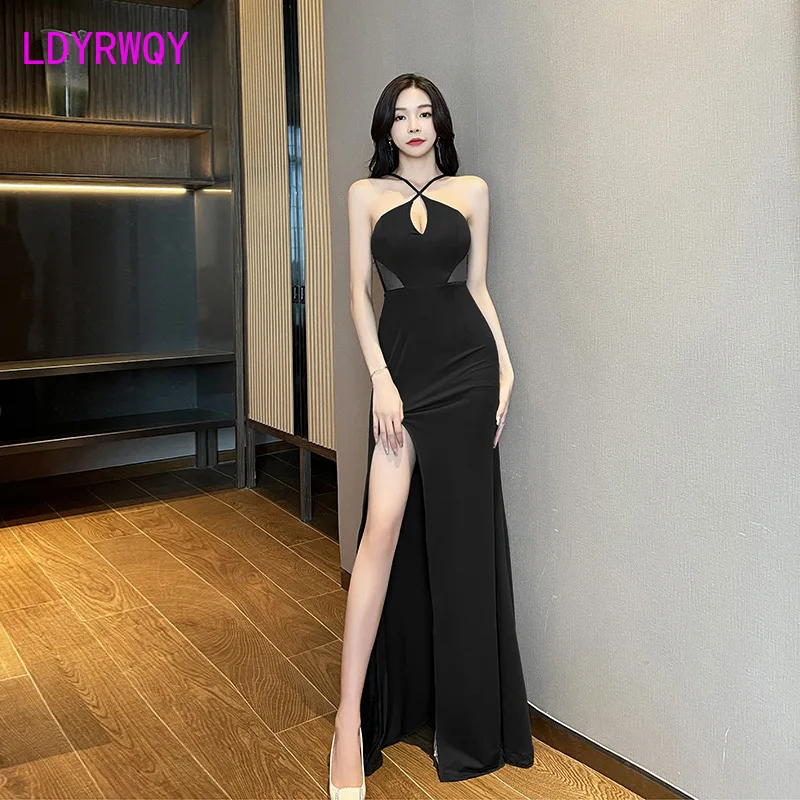 

2023 new sexy deep V high slit hip long skirt back-wrapped halter neck mop evening dress