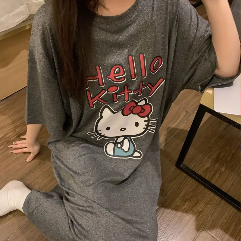 Sanrio nouvelle jupe de nuit Hello Kitty jupe de nuit à manches courtes pyjama à rayures femme automne Style ample vêtements de maison jupe de nuit