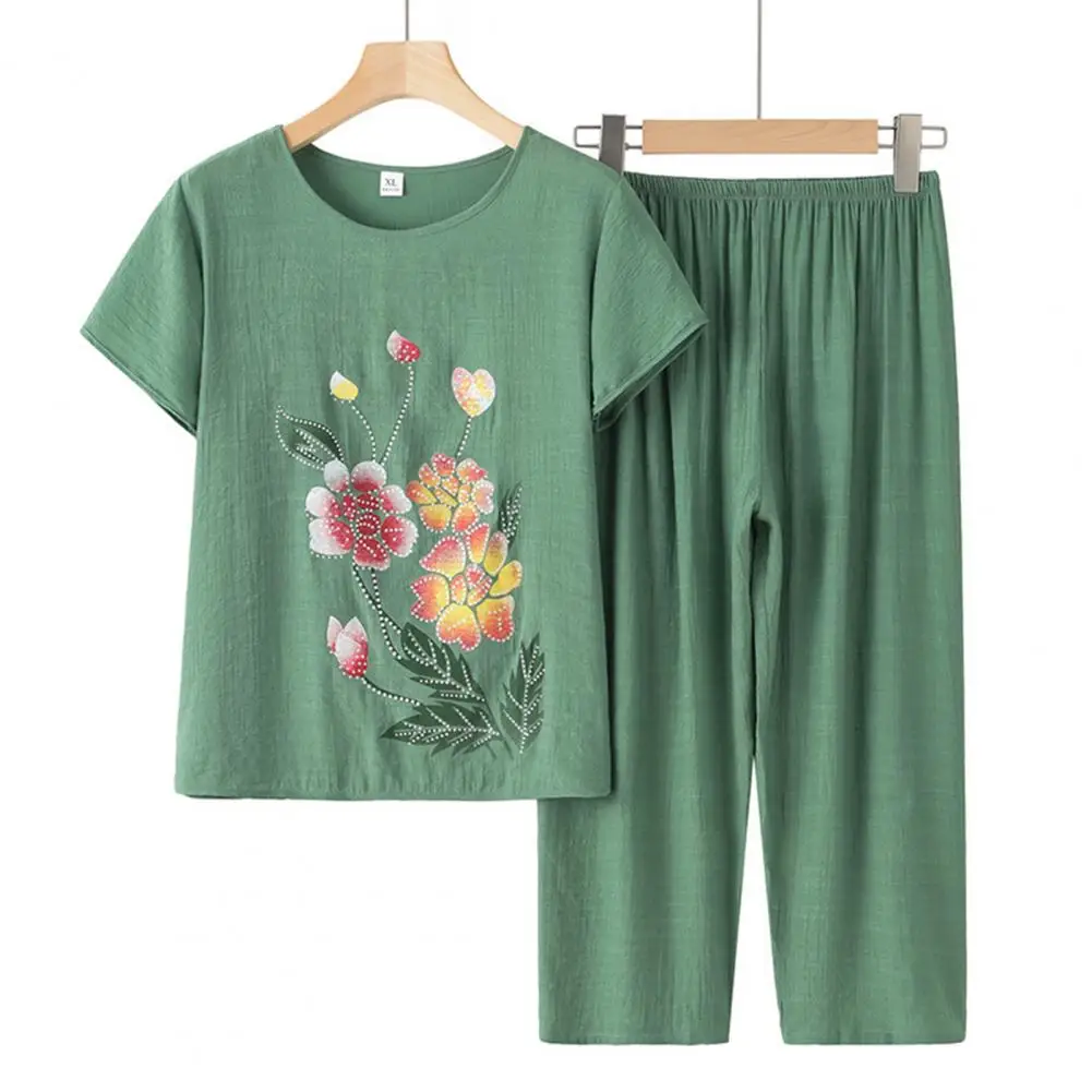 Summer 2 Piece Sets Women Flower Print O-Neck Short Sleeve Shirt Tops and High Waist Pants Suit Casual Tracksuit Female Outfits