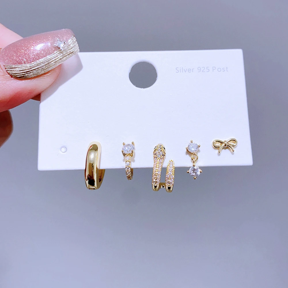 5pcs/set Mixed Design CZ Crystal Snake Huggie Stud Earrings Gold Plated Cubic Zirconia Women Jewelry