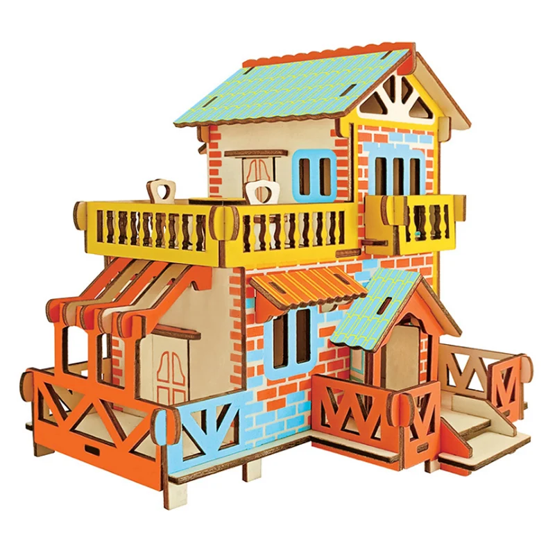 3D Puzzle Wooden Construction Building House Wood Model DIY Assembled Kits Montessori Toys For Children Kids Gift Party Games