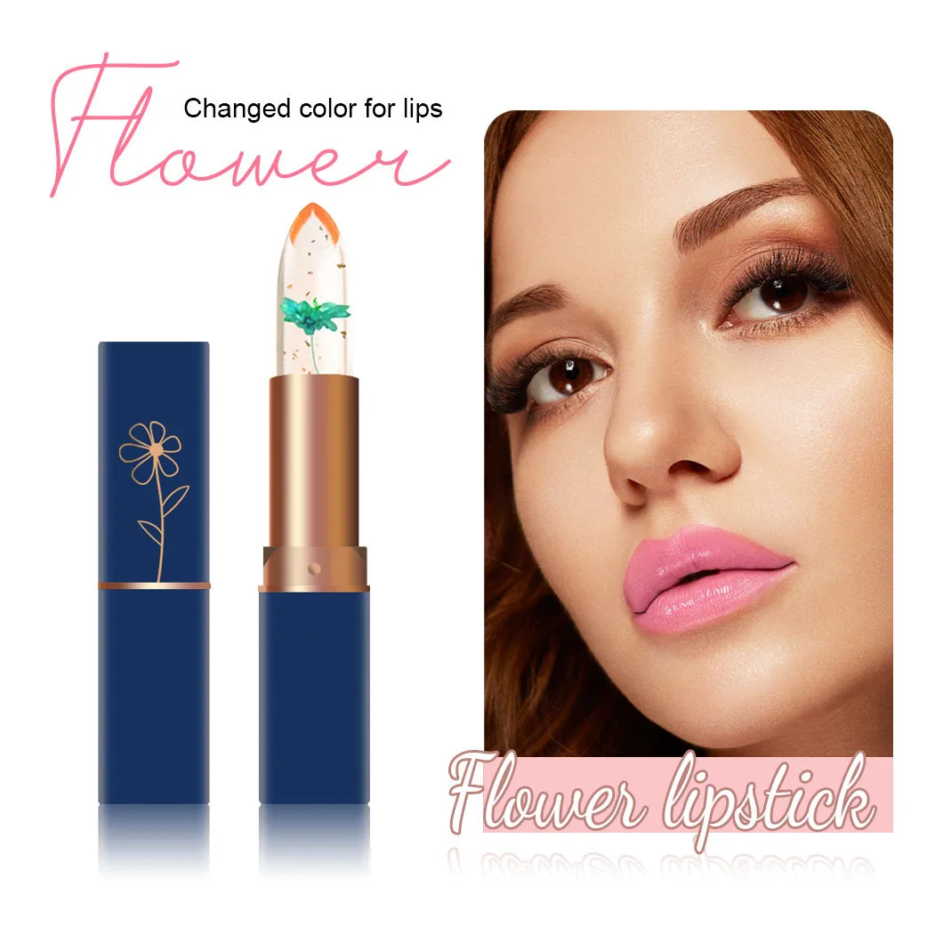 

New dry flower lipstick Dark blue tube crystal clear jelly lipstick Gold foil flower color changing lipstick essence honey lipst