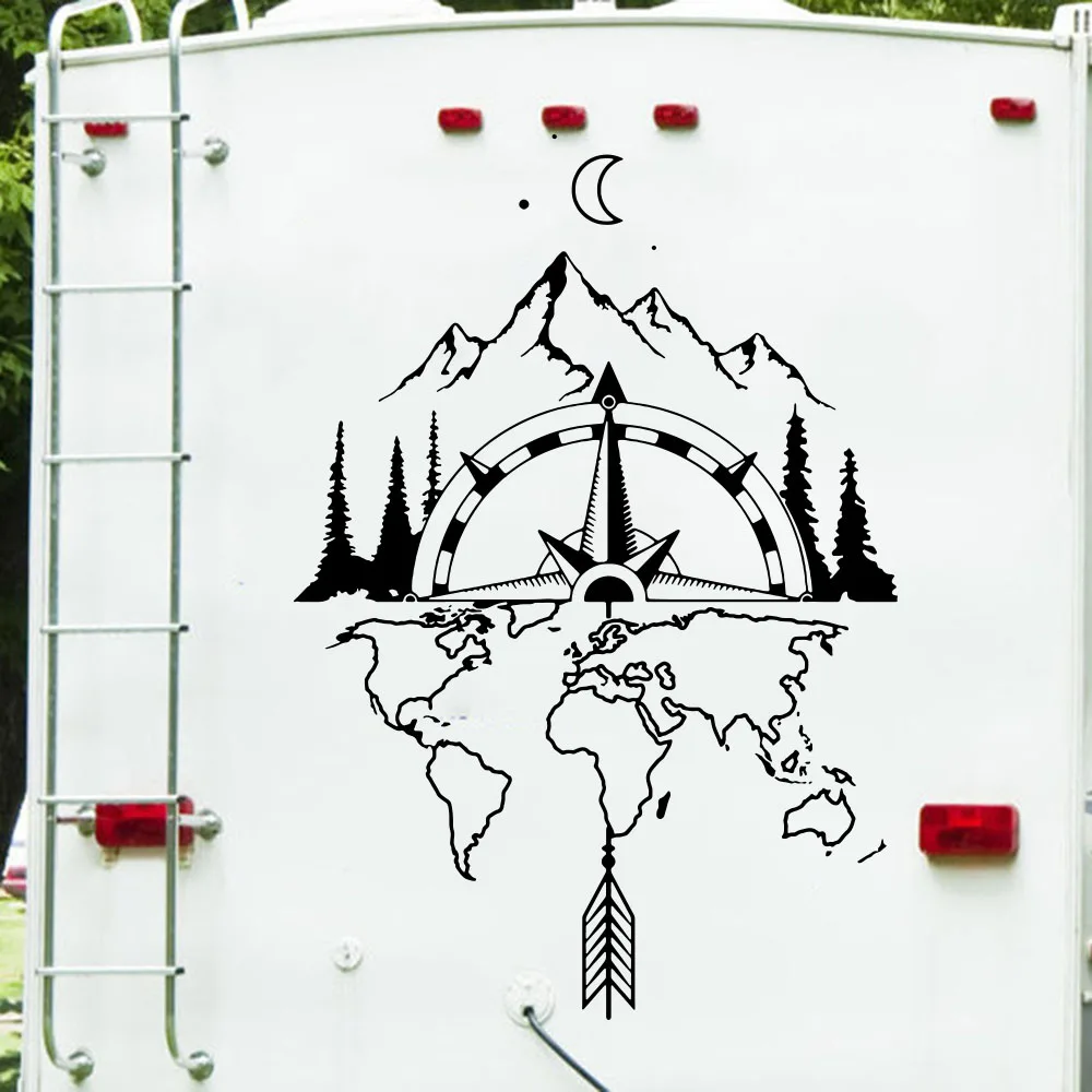 World Map Compass Camper Rv Wall Sticker Travel Mountain Moon Forest Arrow Motorhome SUV Adventure Wall Decal Camping P976