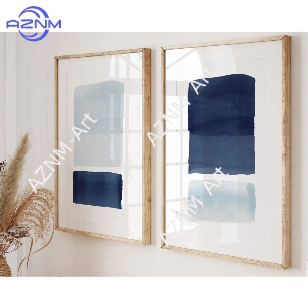 1/2 Stück, blaues Wandkunst-Set mit 2 Drucken, blaue Aquarell-Abstrakte Meereslandschaftsdrucke, minimalistisches Küsten-Set mit zwei Drucken, modernes marineblaues Badezimmer-Set