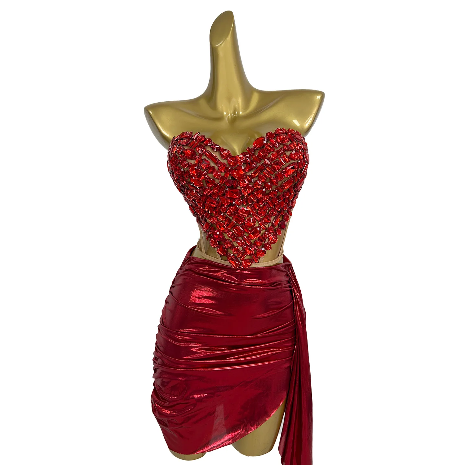 High-end Wrap Hip Dress Red Rhinestone Heart Shape Bodycon Strapless Mini Skirt 2Pcs For Women Party Club Show Birthday Sexy Set