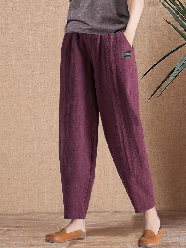 Pure Cotton Women's Summer Loose Fit Nine-Five Simulation Cotton Linen Elastic Waist Harem Pants Vintage Slimming Casual Trou...