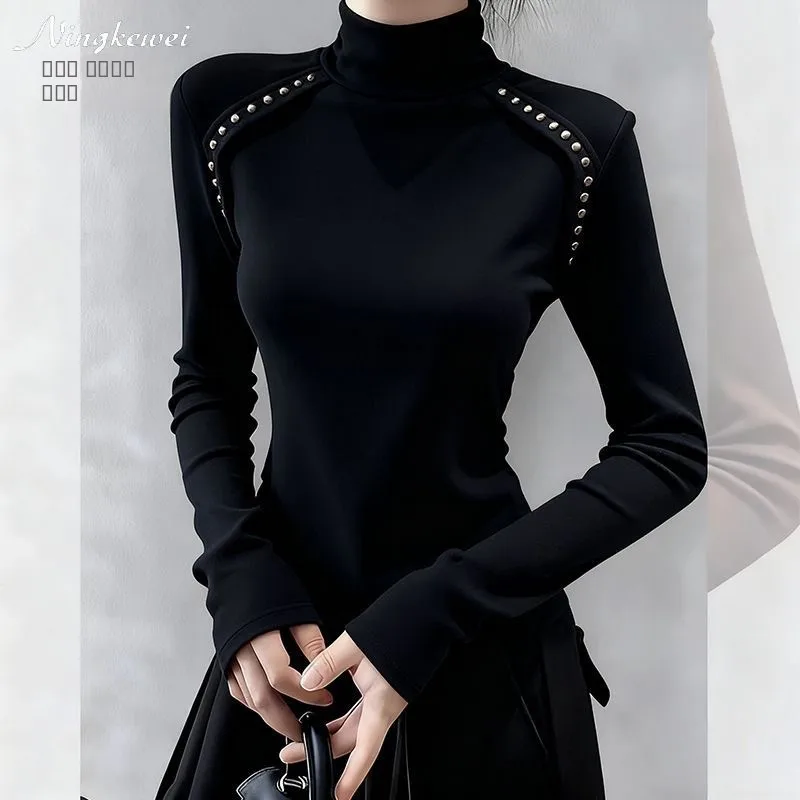 

Unique Autumn Winter High Ne Coffee Color Women's Slim Fit Base irt Design Sense oulder Level Top Dervo Long Sve