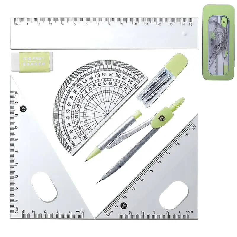 Compass And Protractor Set Geometry Kit Set With Shatterproof Storage Box Drafting Compasses With Maths Protractor Set Squares