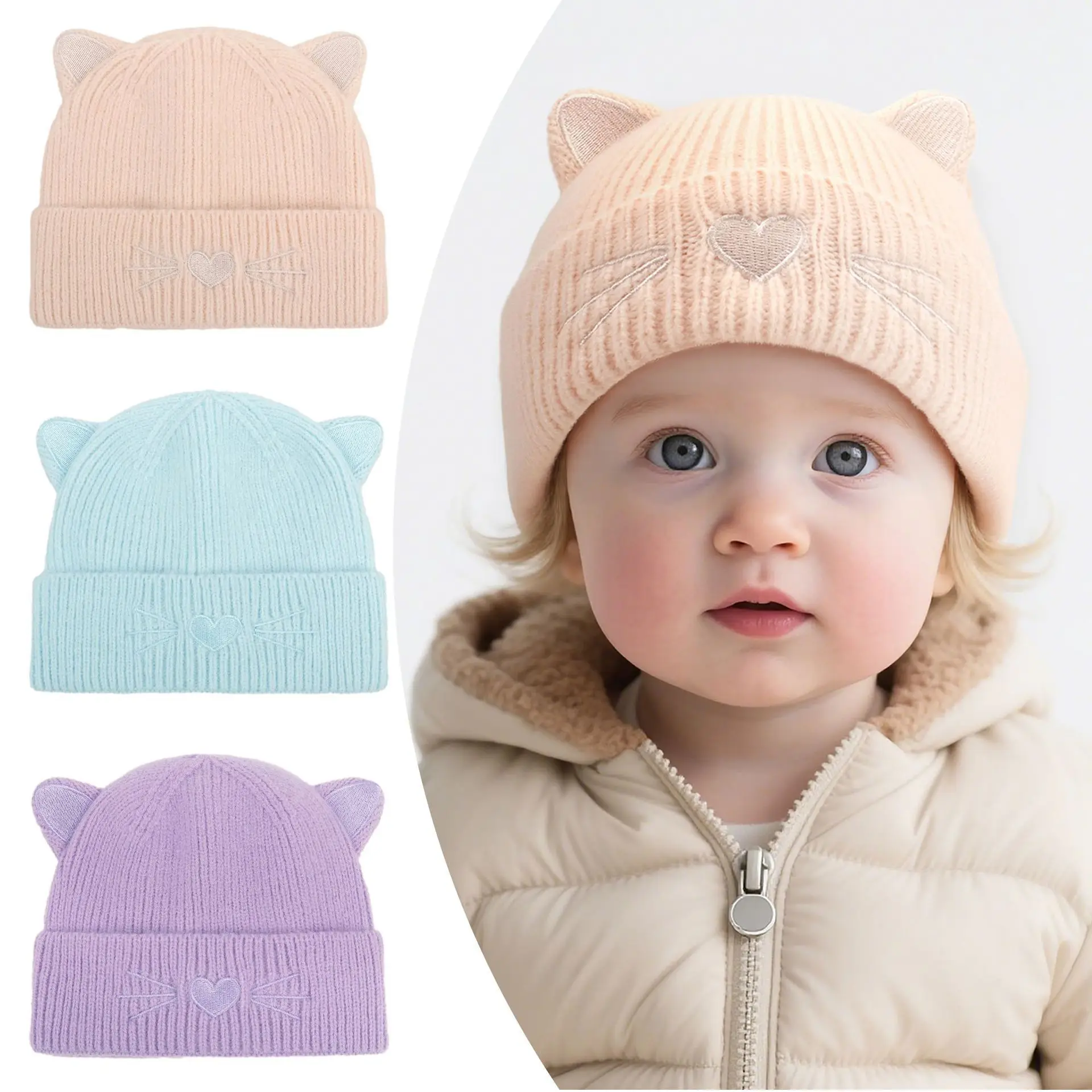 

Baby Winter Warm Hat Cartoon Cat Children's Knitted Ear Protection Hat Solid Baby Beanie Hats For Girls Boys 0-36Months Kids Cap