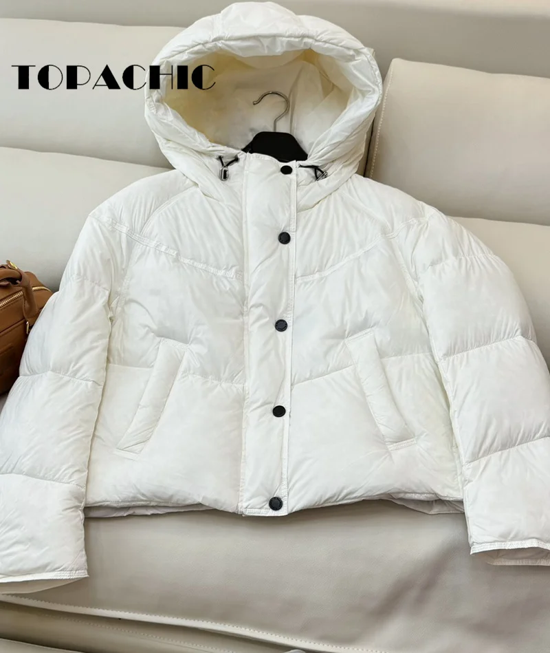 8.28 TOPACHIC-Women Adjustable Drawstring Hooded Short Down Jacket Zipper Loose Casual Down Outerwear