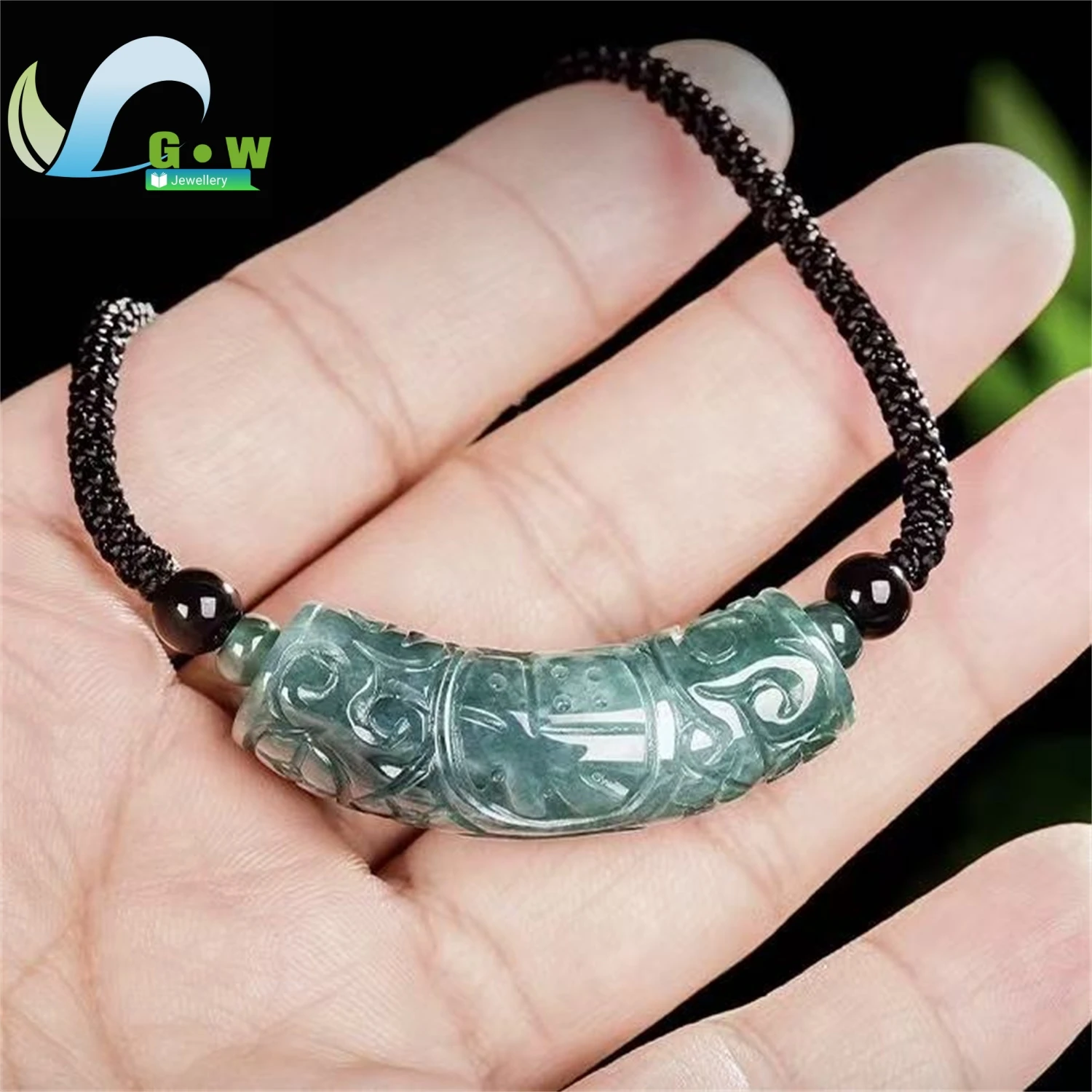Natural A Grade Jadeite Blue Water Fortune Curved Carved Floral Pendant Icy Hanging Ornament Unisex Ethnic Style Jewelry Gift