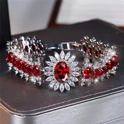 Luxury Female Red Zircon Stone Oval Sunflower Bracelet Cute Silver Color Adjustable Wedding Jewelry For Women