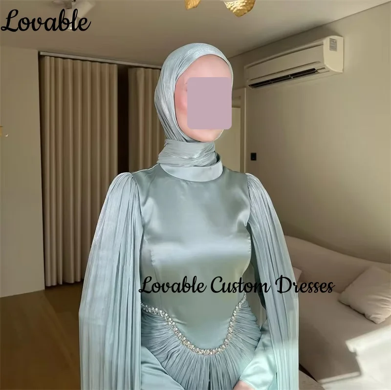 Personalizza abito da sera colonna blu cielo maniche lunghe scollo rotondo abito da cerimonia nuziale lunghezza pavimento perline cerniera formale