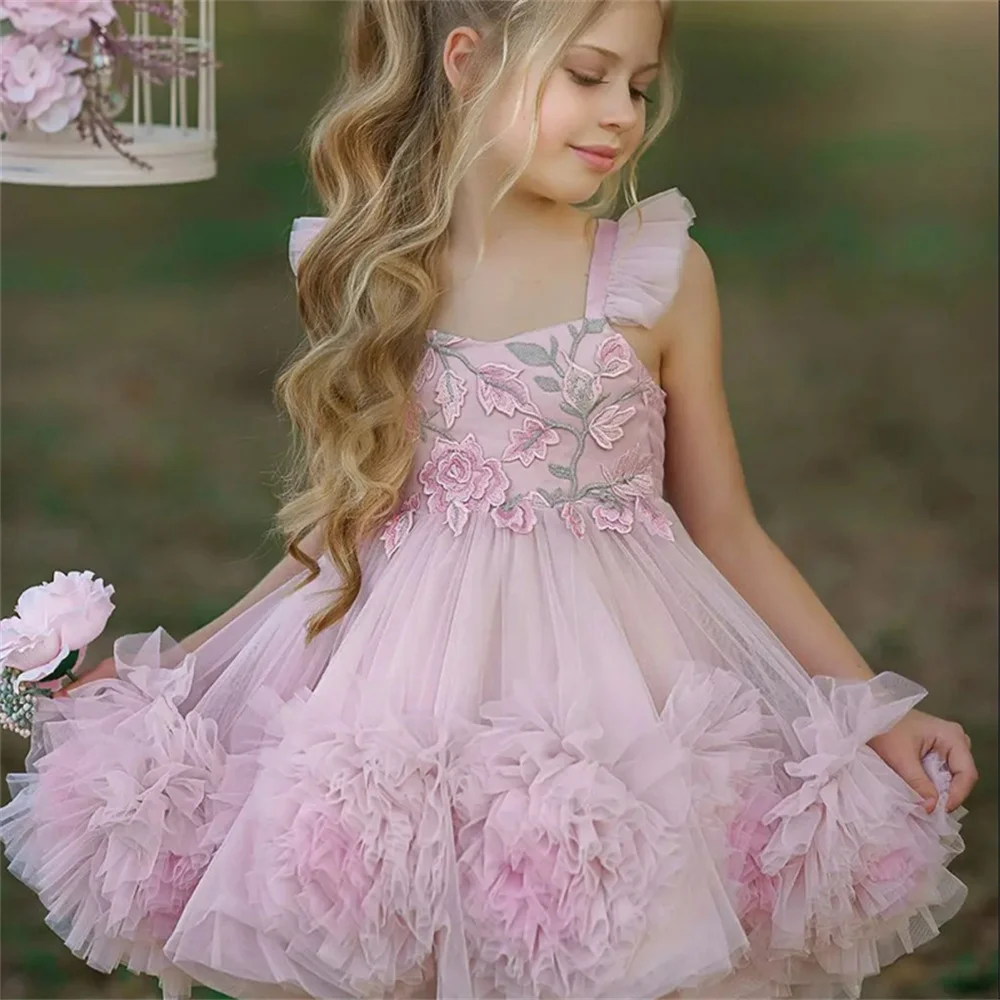 First Communion Dresses Tulle Sleeveless Suspenders Princess Flower Girls Dress Wedding Party Ball Beauty Pageant Kids Gift