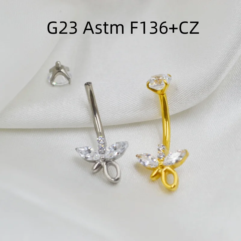 10PCS Body Jewelry-G23 Titanium Astm F136 Butterfly CZ Navel Belly Button Body Piercing 14G Navel Curve Barbells Belly Rings New