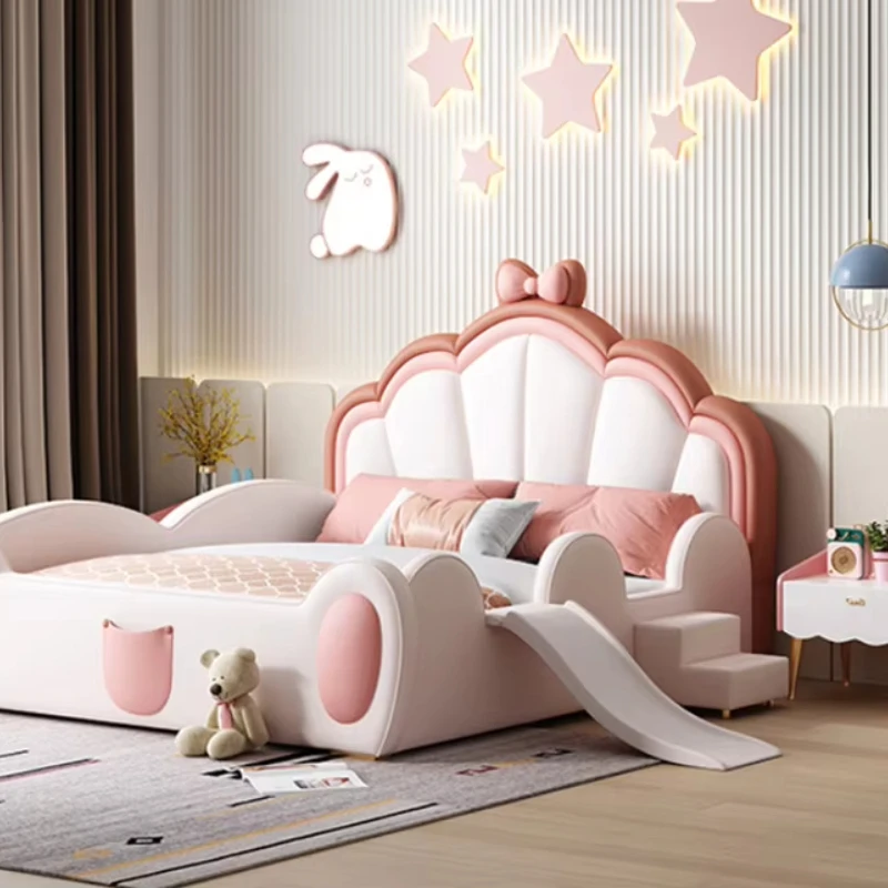 

Light Luxury Style Girls Room Pink Princess Bed Nordic Boys 1.2m 1.5m 1.8cm Leather Wood Frame Metal Legs Children's Bed