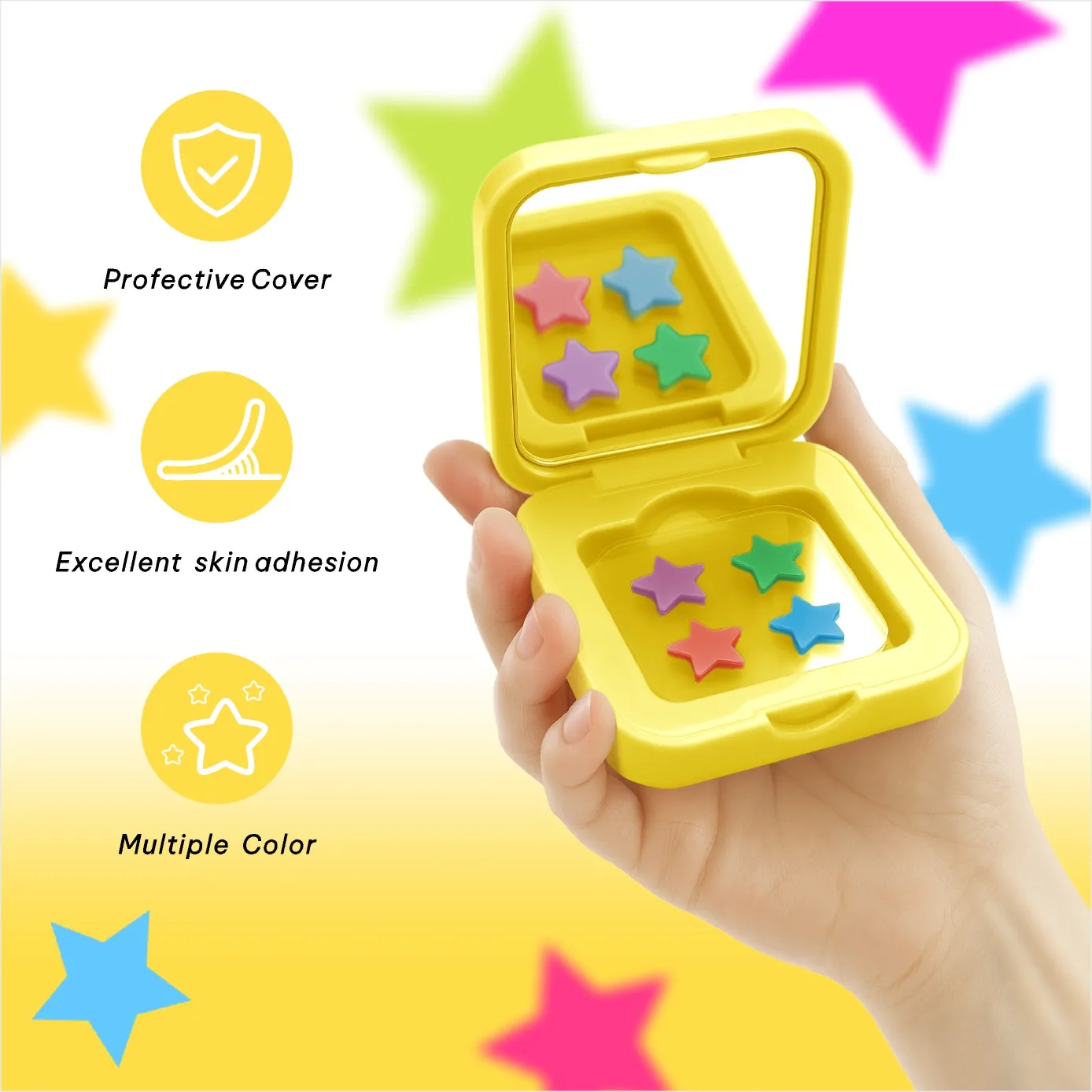 I cerotti per l'acne stellati multicolori da 60 pezzi vengono forniti con uno specchio per il trucco. Portalo con te a qualsiasi momento per toccare il trucco. Colorato