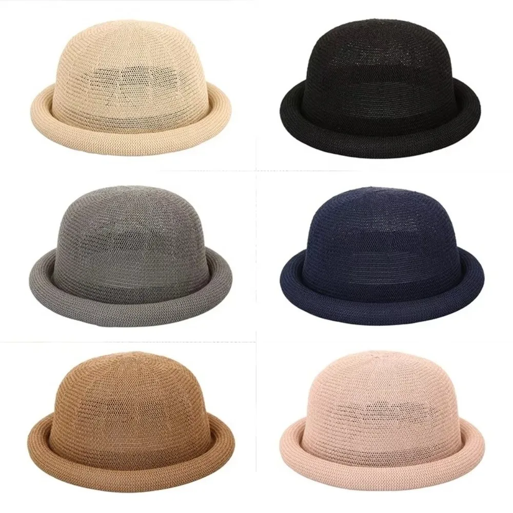 New Raffia Weave Straw Sun Hat Short Brim Round Top Sun Visor Hat Casual Sun Protection Roll Brim Hat Beach Vacation