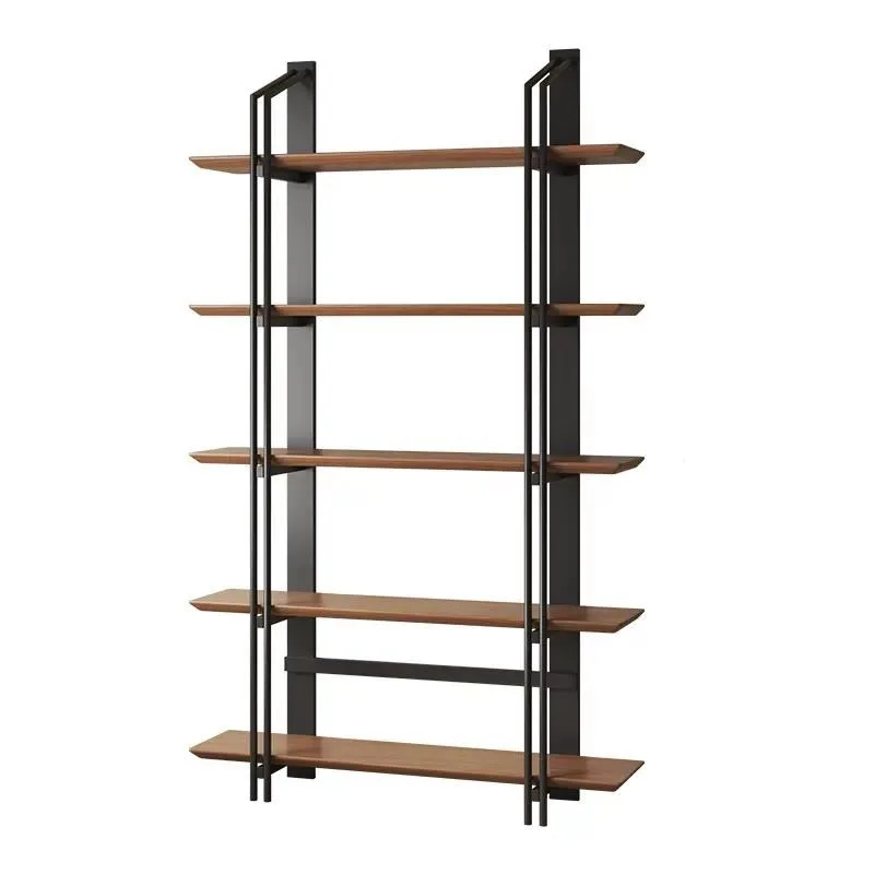 Modern Industrial 5 Tier Bookshelf Solid Walnut Wood Metal Frame Durable Storage Rack for Home Office Living Room