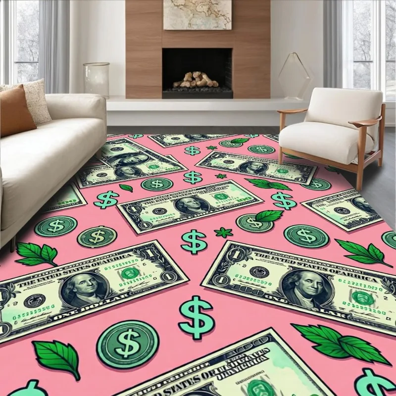 Pink Green 100 Dollar Bill Area Rug Money Print Luxury Cash Floor Mat Soft Non-Slip Funny Dollar Carpet for Living Room Bedroom