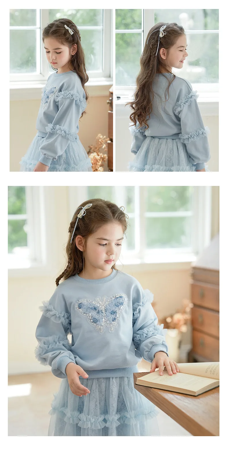 Herbst Kinder Mädchen Sweatshirts Schwestern Partnerlook Baumwollkleidung Pailletten Schmetterling Rüschenbesatz Langarm Rundhals Pullover Tops – Detail 18