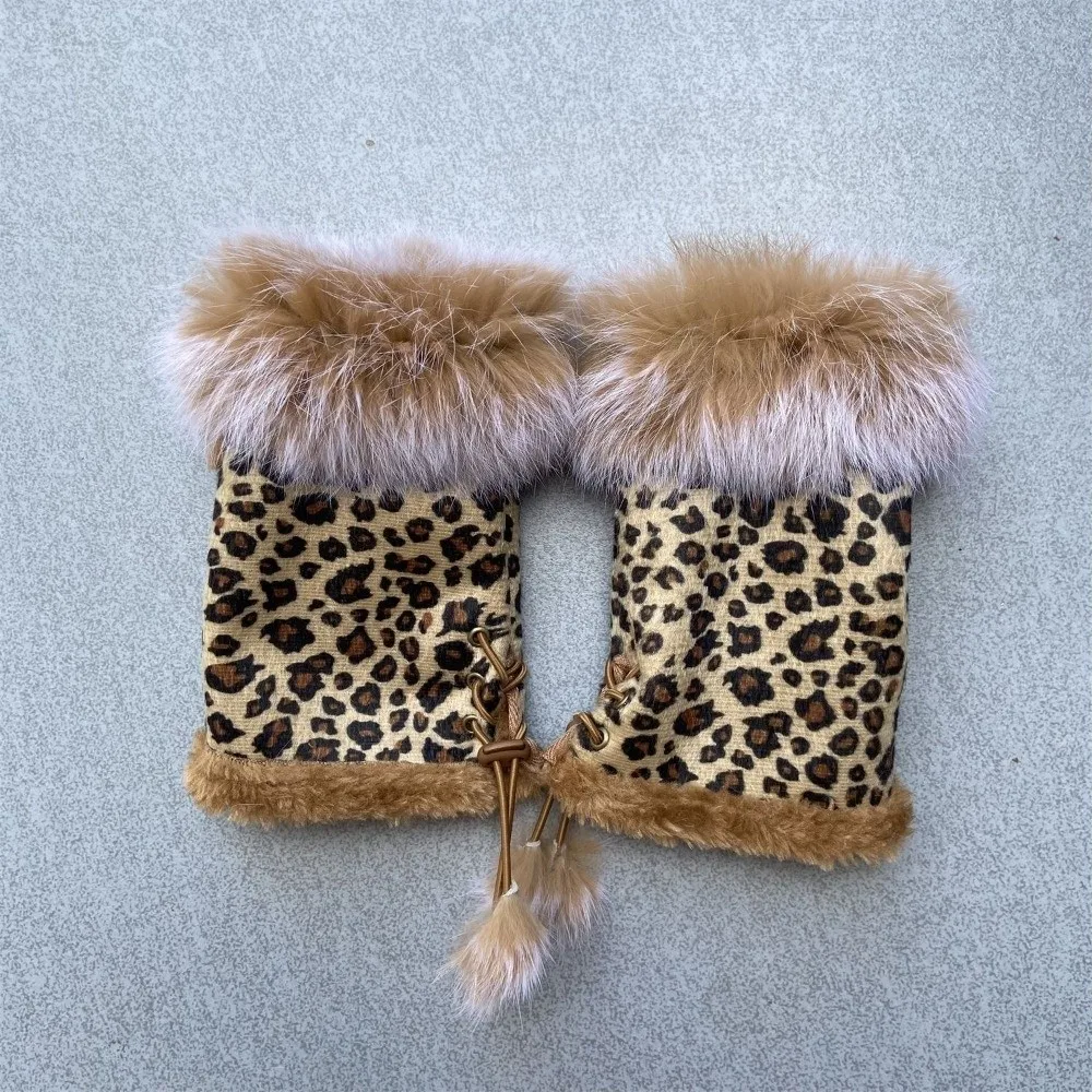 Fashion Suede Leopard Print Gloves Plush Thicken Warm Fingerless Mittens Windproof Soft Stretch Wrist Warmers Outdoor