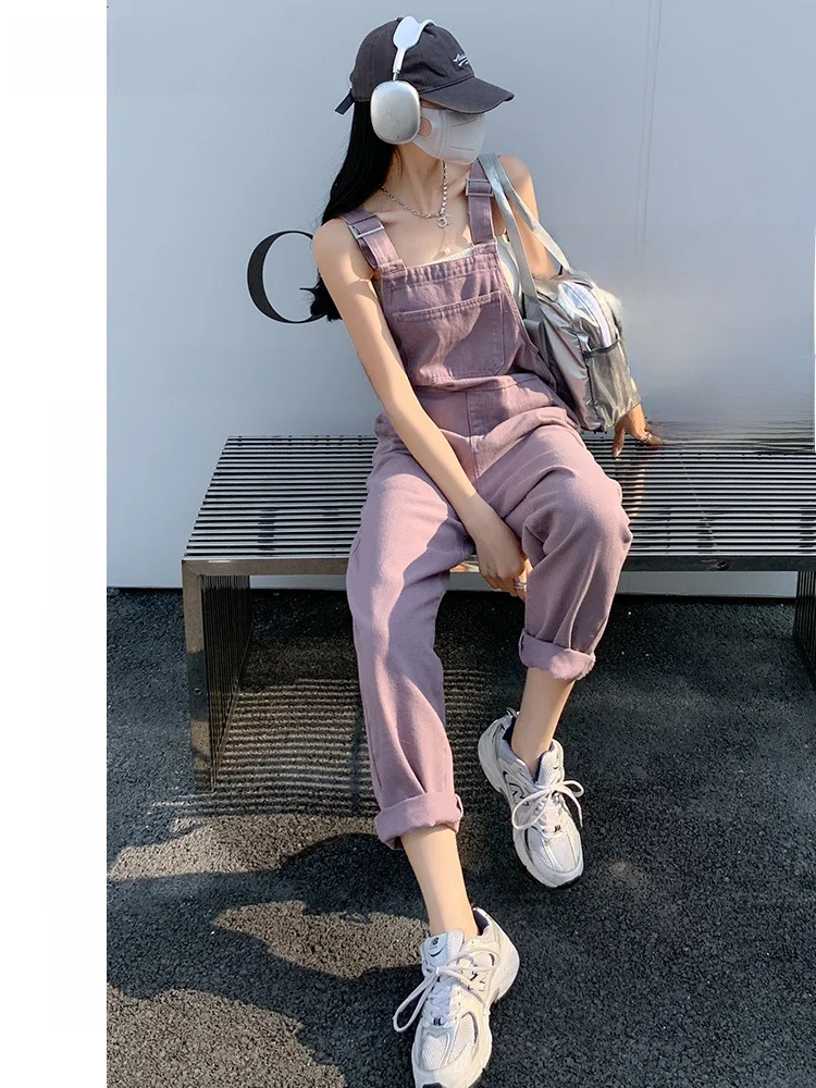 

La Chapelle Purple Denim Overalls Women's Summer Thin Design High Street Sexy High Waist Straight Leg Jumpsuit