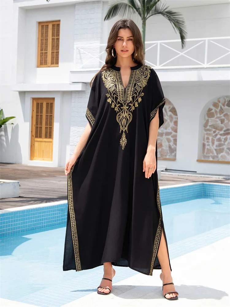 2024 Damska sukienka plażowa Plus Size V Neck Black Kaftan Floral Embroidered Dress Holiday Beach Swimwear Cover Up Turkish Robe Q1735