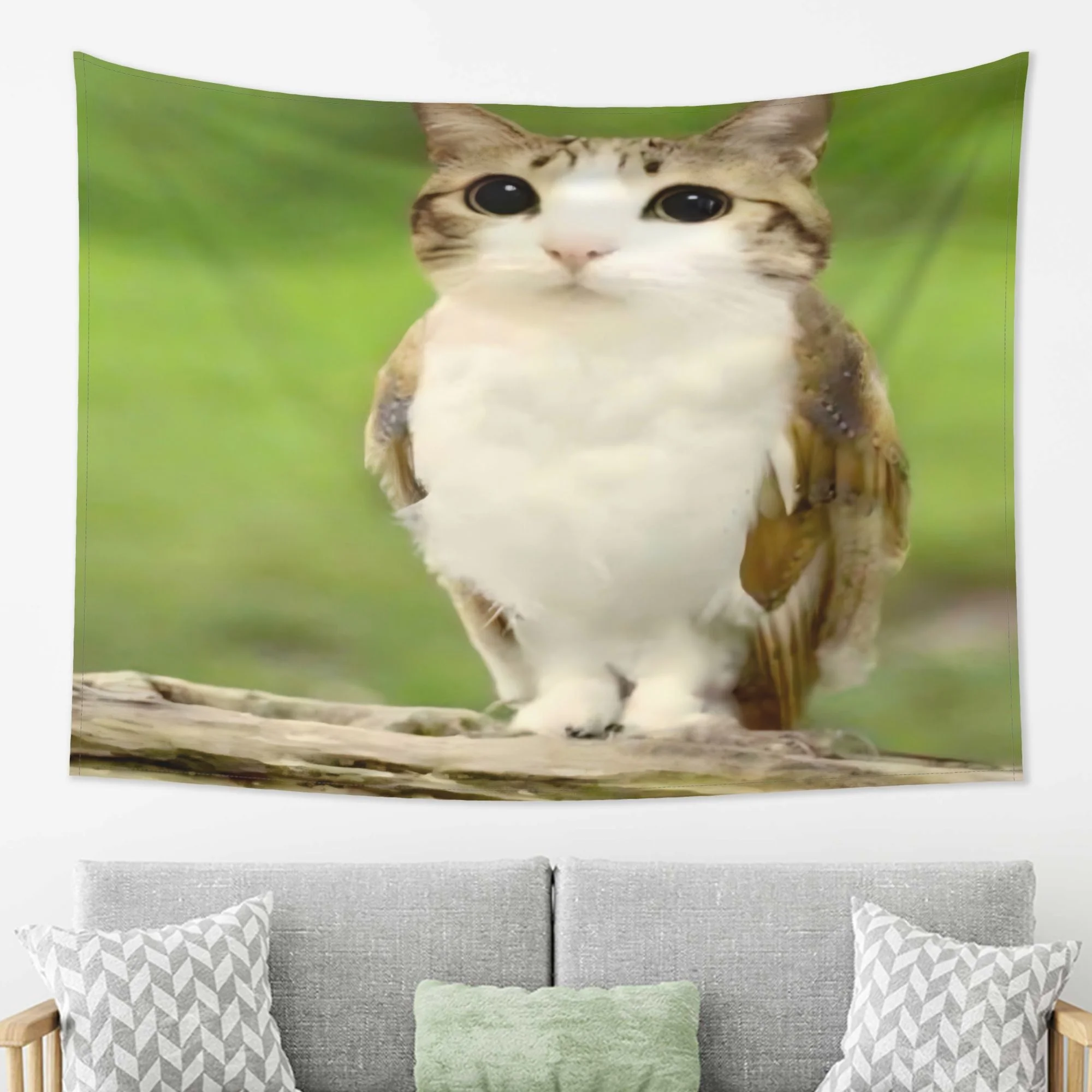 Lustiger Katzen-Vogel-Kombinations-Wandteppich, Niedliches Haustier-Motiv, Kreativer Witziger Hintergrundstoff, Spaßige Dekoration, Ins-Raumdekoration