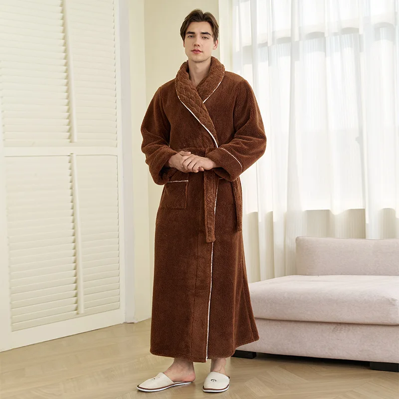 

Thick Coral Fleece Pajamas for Men, Comfortable Cotton Fleece Bathrobes for Autumn and Winter, Long Home Clothes, Morning Gowns