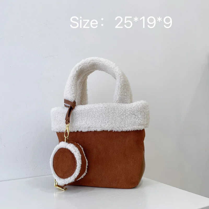 Contrast Retro Suede Chain Handheld Designer Bags Winter New Fashion Lamb Wool Handbags Splice Crossbody Bucket Women Bag