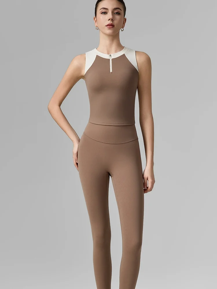 

Women Yoga Two Pieces Tracksuits Sleeveless Zipper Vest +High Waist Elastic Leggings Sports Fitness Gym Comfortable Sets