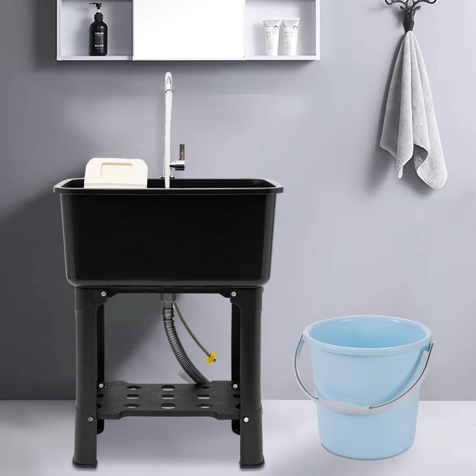 

Utility Sink Space Saver Laundry Tub with Faucet, Freestanding Laundry Sink Garage Sink with Storage Shelf (Black)