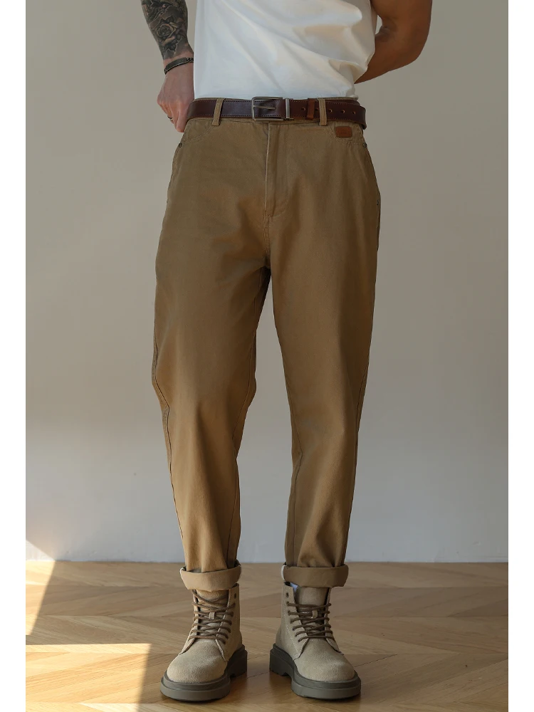 

ILOX Men's American Retro Heavyweight Long Velvet Cotton Work Pants Spring Autumn Loose Casual Pants Straight Leg Zipper Fly