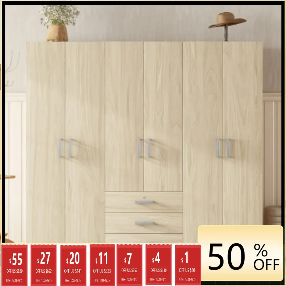 Large Armoire Wardrobe Closet, Armoire Closet with Hanging Rod Shelves and Big Drawers, 6-Doors Wardrobe Closet for Bedroom