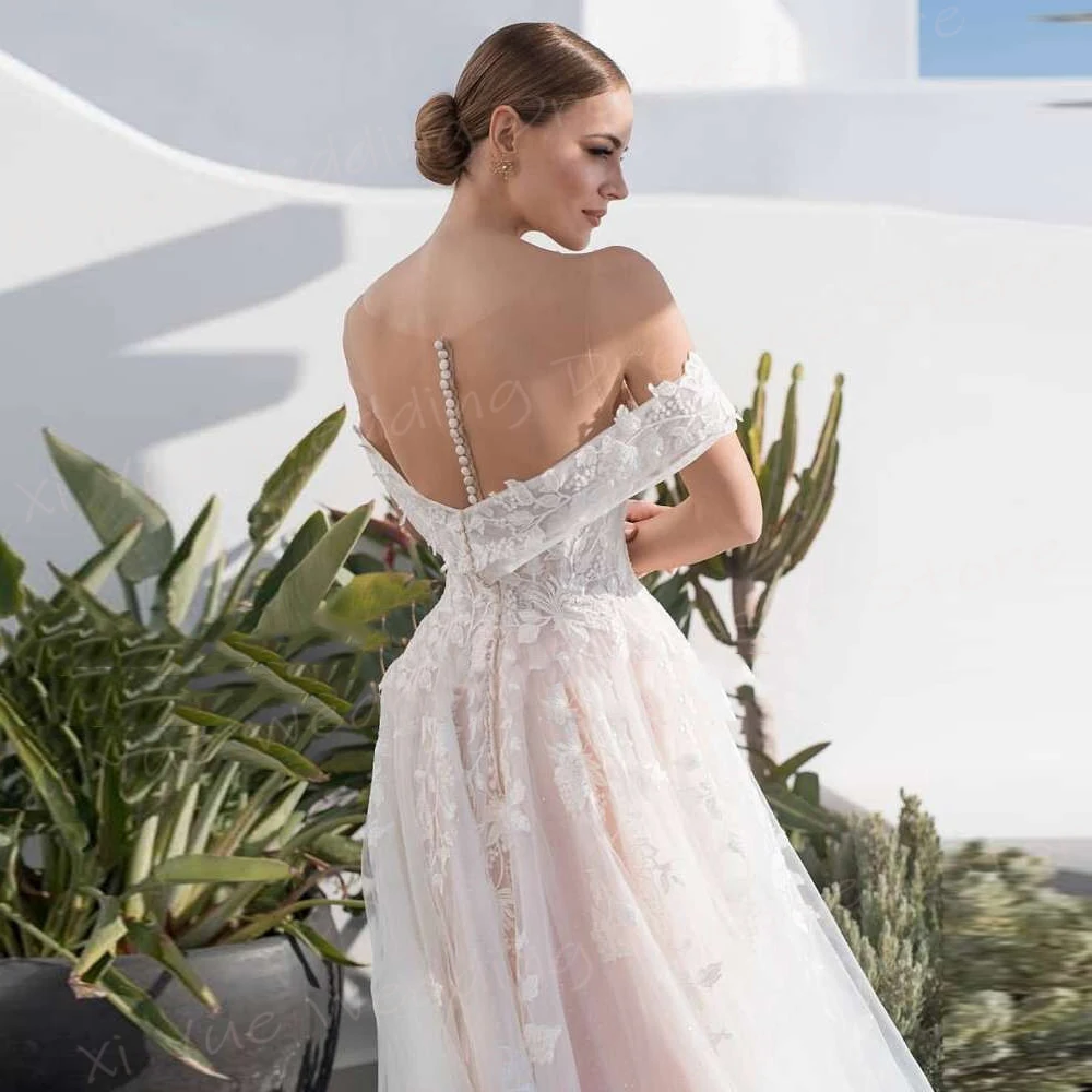 Elegante A Line Vestidos De Casamento Para Mulheres, Fora Do Ombro, Renda, Apliques, Vestidos De Noiva, Praia Ilusão, Sexy, Romântico