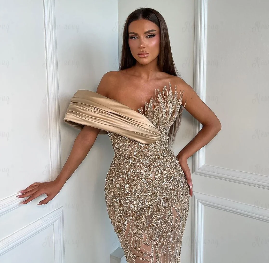 

Gold Solid Dubai Long Prom Dresses Luxury 2024 Off Shoulder Mermaid Wedding Party Dress Aso Ebi Formal Evening Robe De Soirée