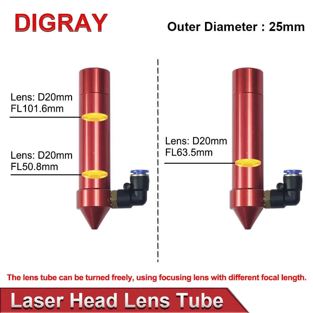 DIGRAY CO2 Laser Head Barrel Outer Diameter 25mm Diameter 20mm Focal Length 50.8/63.5/101.6mm For Engraving And Cutting Machine