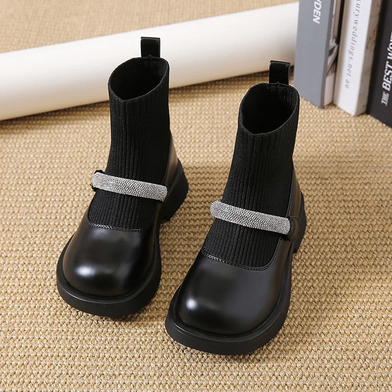 

Детская повседневная обувь, ботильоны из искусственной кожи с бантом и блестками, зимняя обувь для девочек, нескользящая теплая черная обувь на толстой подошве, размер 26-36