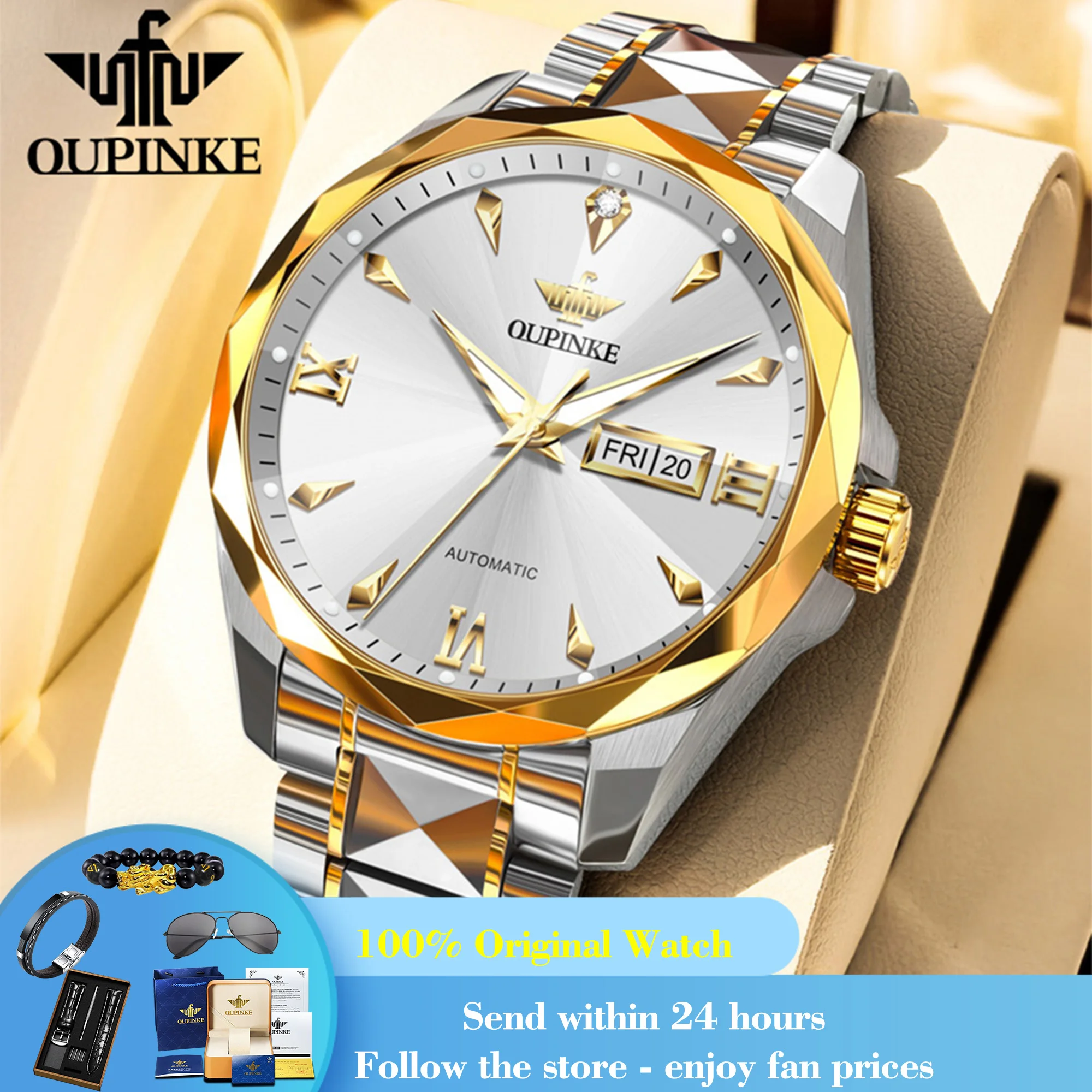 

OUPINKE 3315 Automatic Watch Man Rhombus Mirror Fashion Mechanical Watch For Men Deep Waterproof Dual Calendar Dress Wristwatch